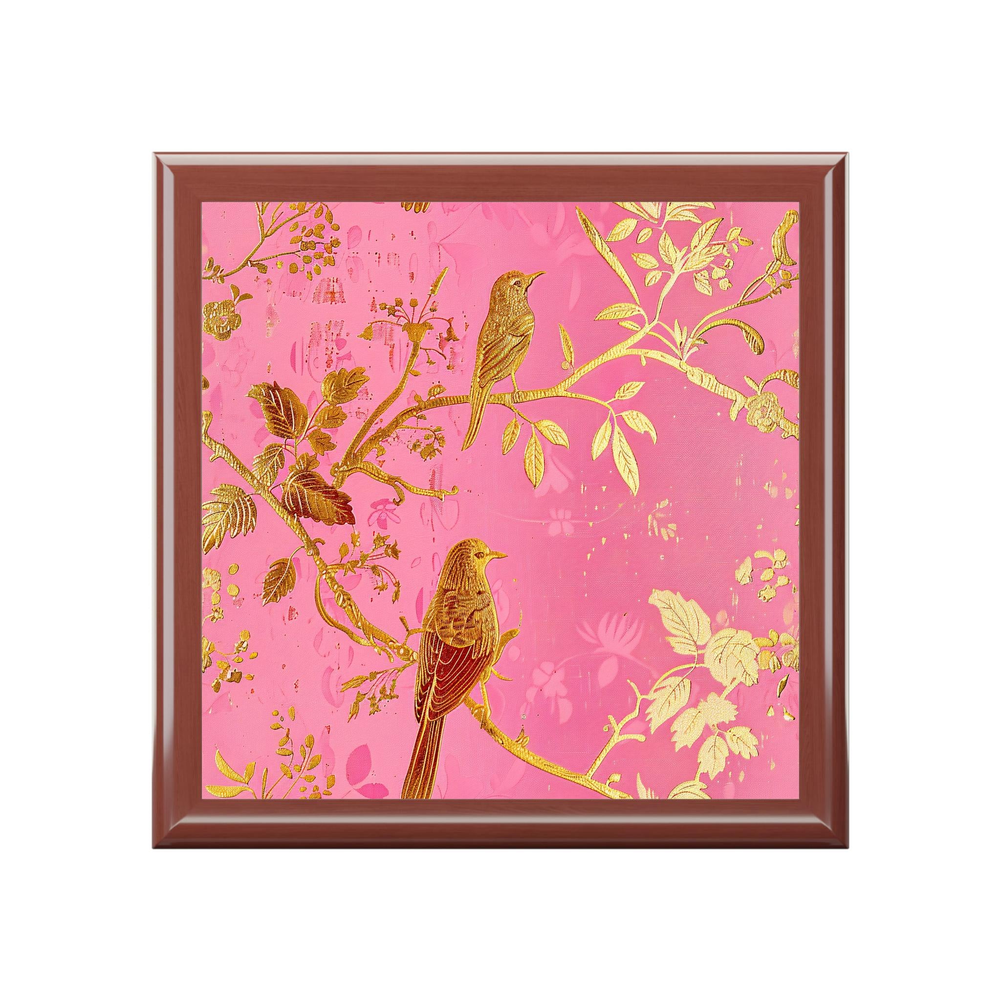 Gold Bird Branch floral jewelry box | pink lacquer keepsake