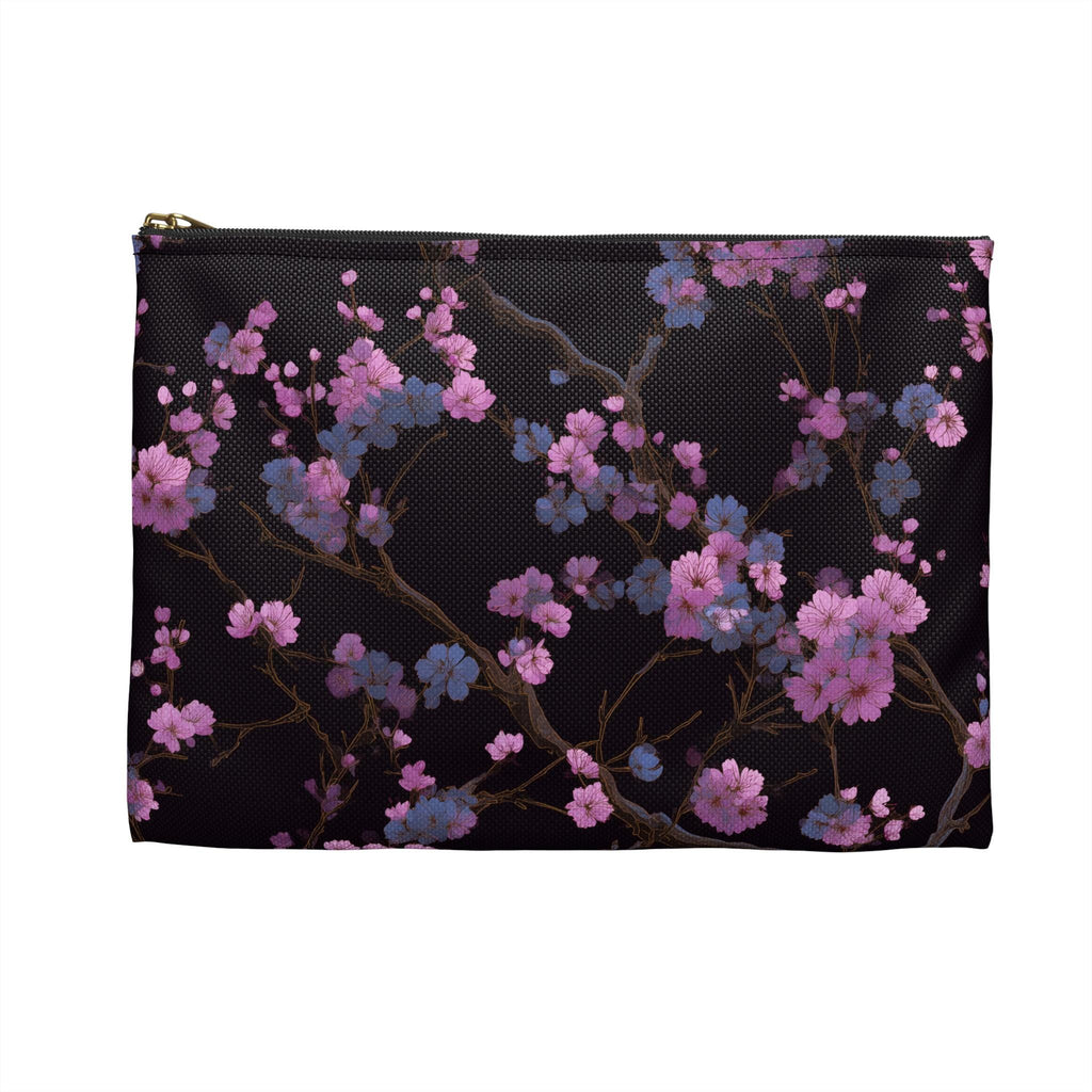 Cherry Blossom Branch Accessory Pouch | Japanese Floral Makeup Bag, Pink Sakura on Black