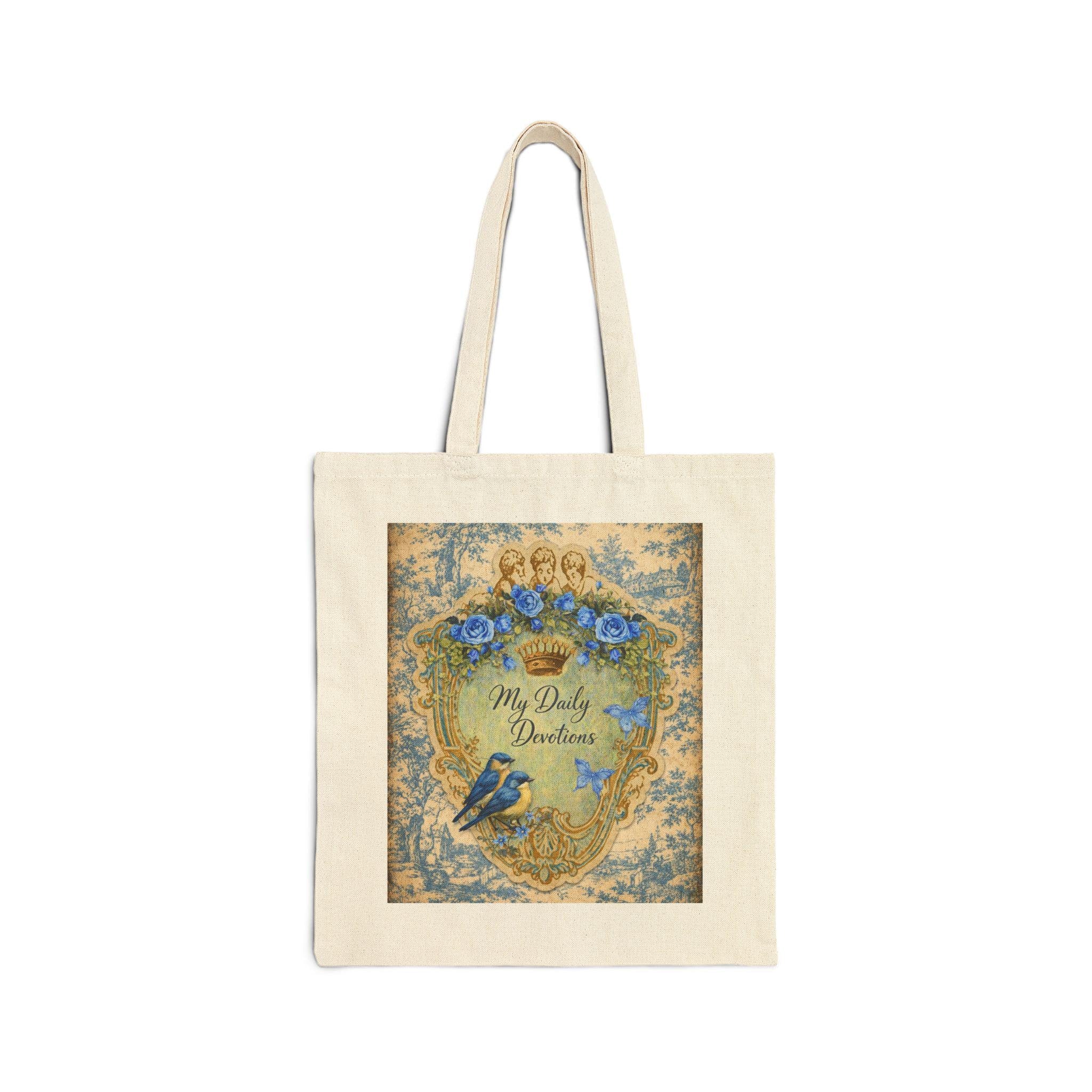 Vintage Blue Roses Heart Shield tote bag | Cotton Canvas Tote