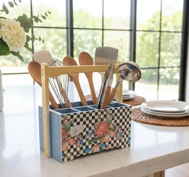 Modern Farmhouse Utensil Caddy Vintage Decorative Wood Box Cottagecore