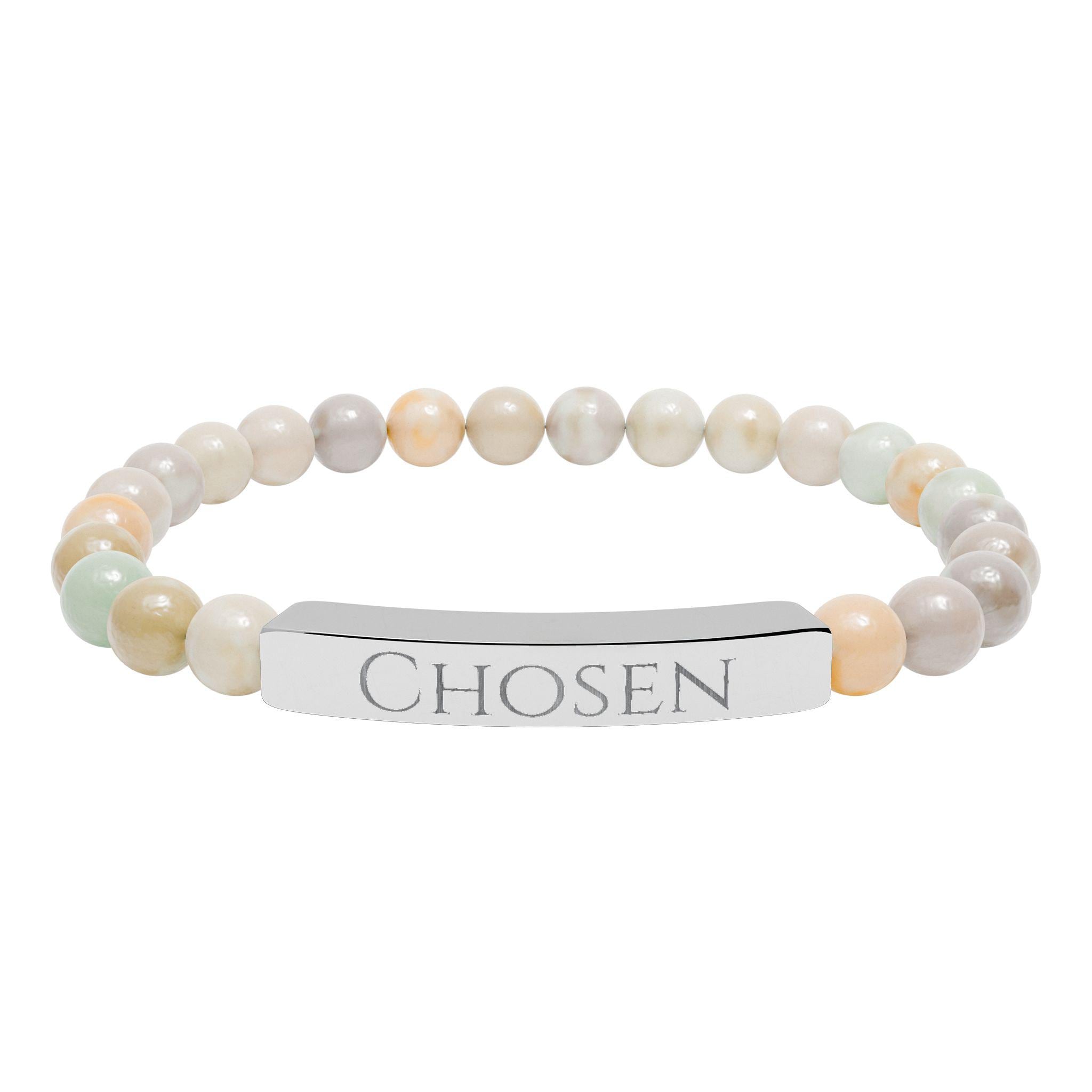 Chosen Engraved Stone Stretch Bracelet | Natural Beaded Bar Bracelet