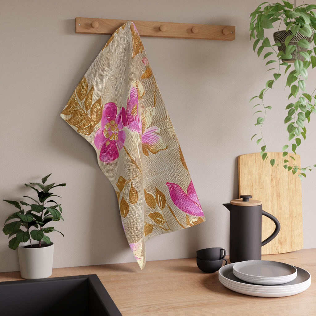 Golden Fiber Floral Vine Tea Towel | Pink Botanical Kitchen Towel
