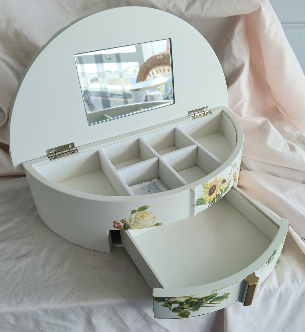 Fan Shaped Jewelry Box | Hand Painted Floral Vanity Organizer with Mirror
