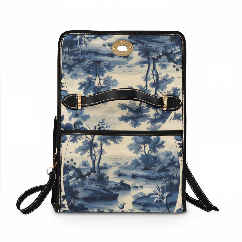 Blue Toile Landscape Waterproof Canvas Bag | Vintage Scenic Print