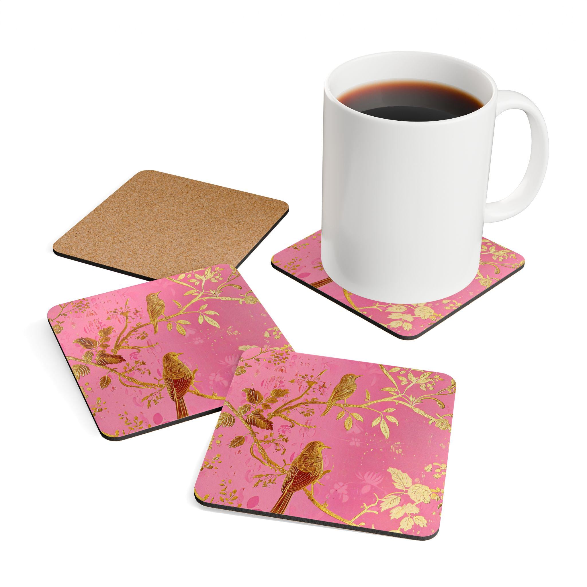Gold Bird Branches Cork Coaster Set | Pink Floral Vintage Style