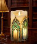 Gothic Cathedral Windows LED Wax Pillar, Decorated Flameless Candle Centerpiece, Candle Decor