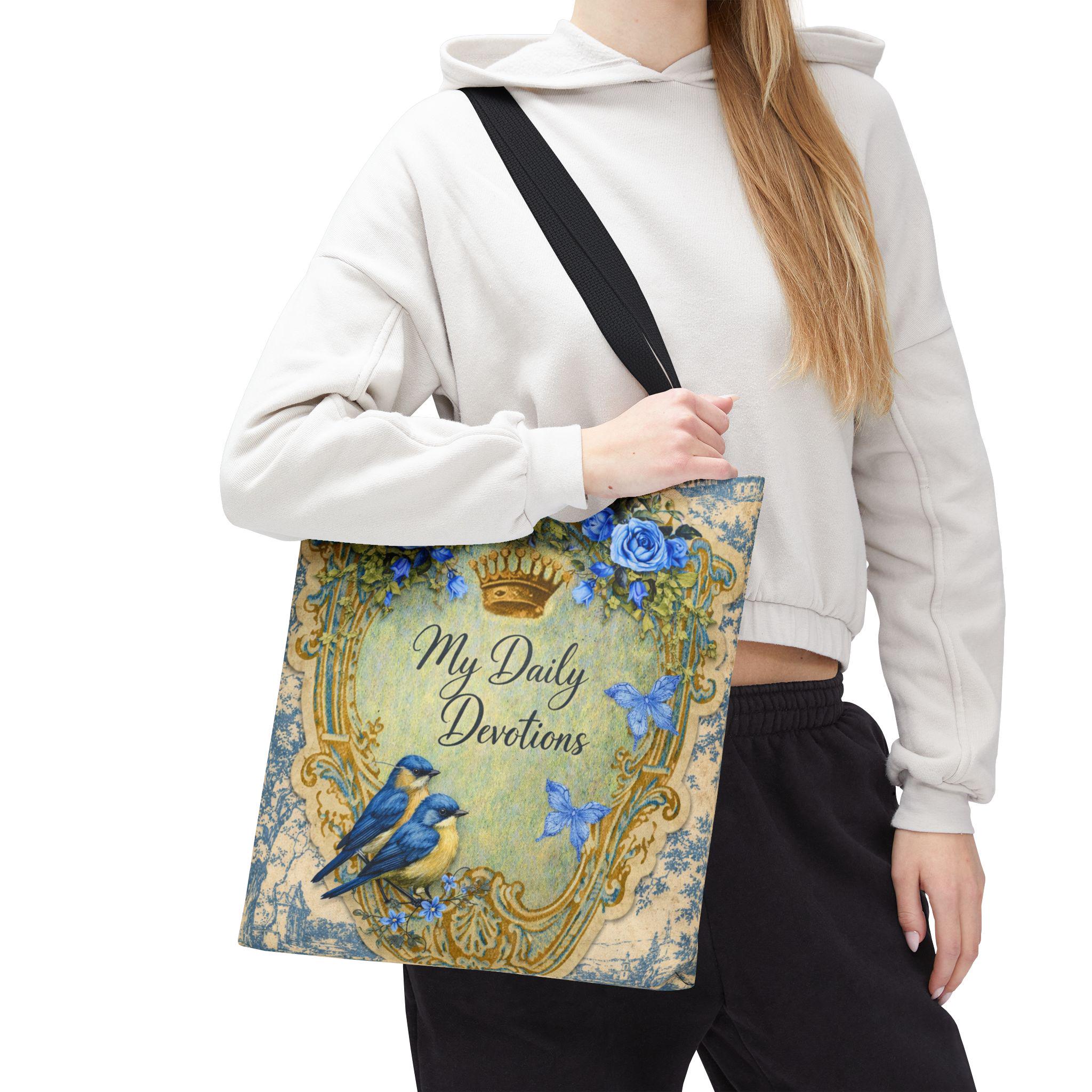 My Daily Devotions Tote Bag | Bluebird Floral Scripture Design Bible Study Accessory