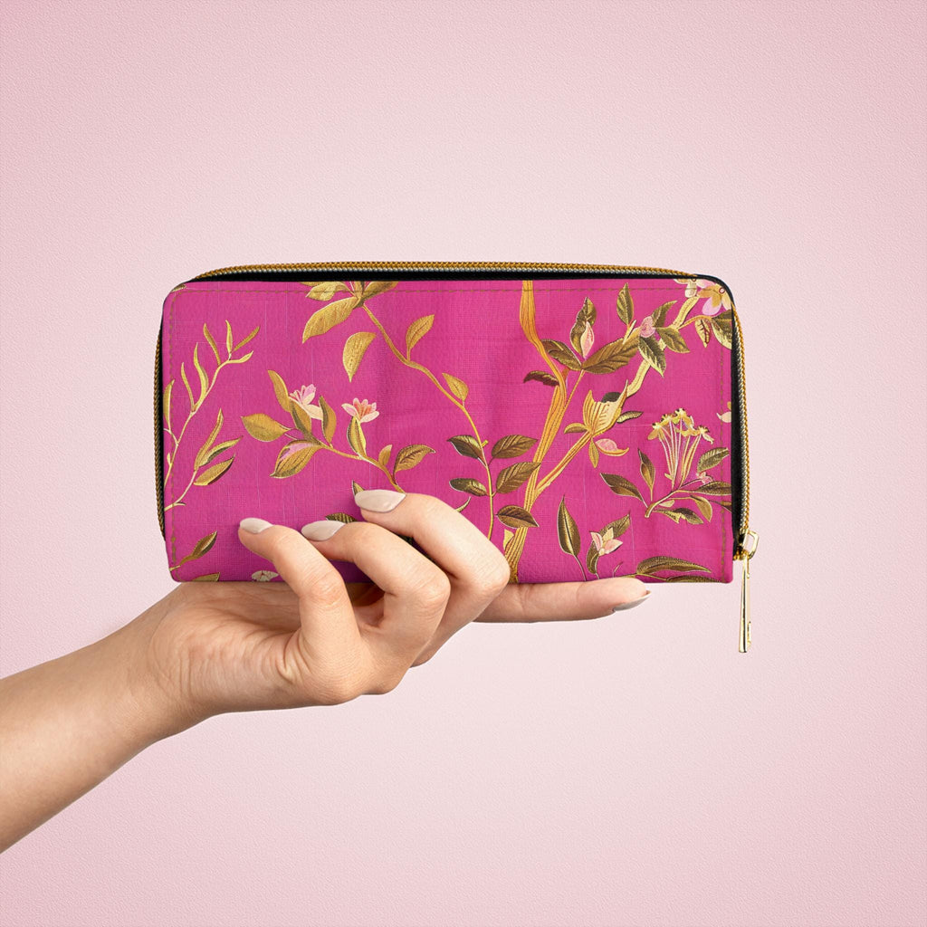 Gold Floral Vines Zipper Wallet | Pink Botanical Zip Wallet