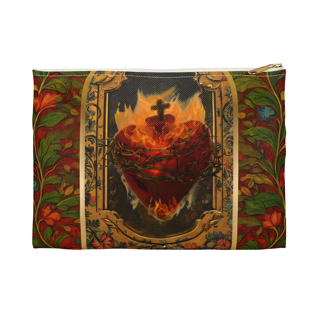 Flaming Sacred Heart Accessory Pouch | Gothic Religious Art, Floral Border