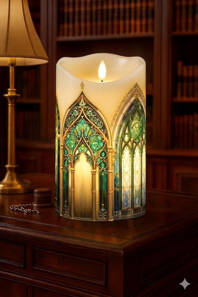 Gothic Cathedral Windows LED Wax Pillar, Decorated Flameless Candle Centerpiece, Candle Decor