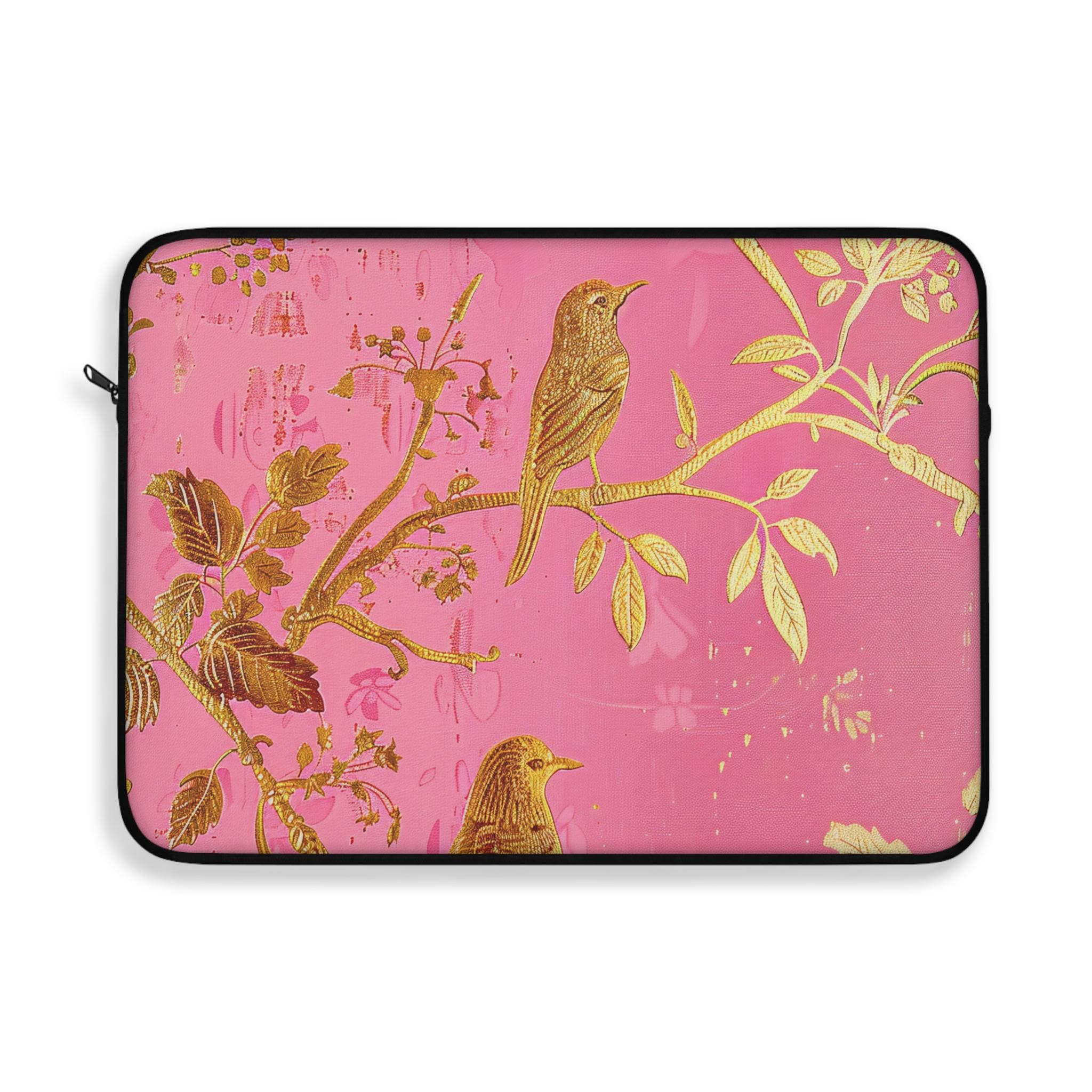 Floral Laptop Sleeve | Gold & Pink Botanical Zip Sleeve Fleece Interior | 3D Image