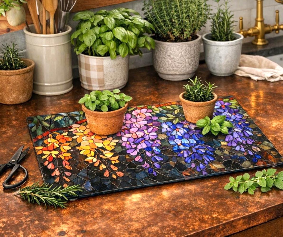 Wisteria Cascade Glass Cutting Board | Colorful Floral Kitchen Decor | Housewarming Gift | Easter