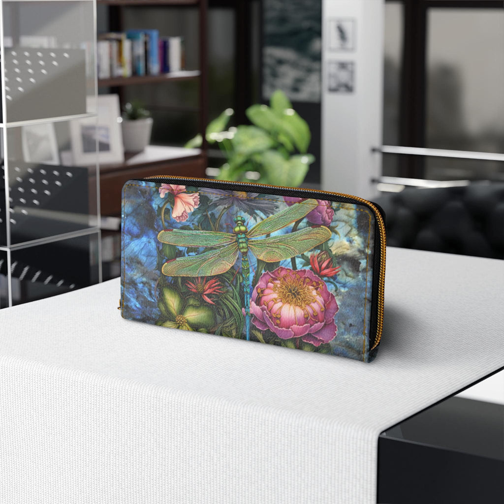 Dragonfly Print Zipper Wallet Clutch | Floral PU Leather Organizer