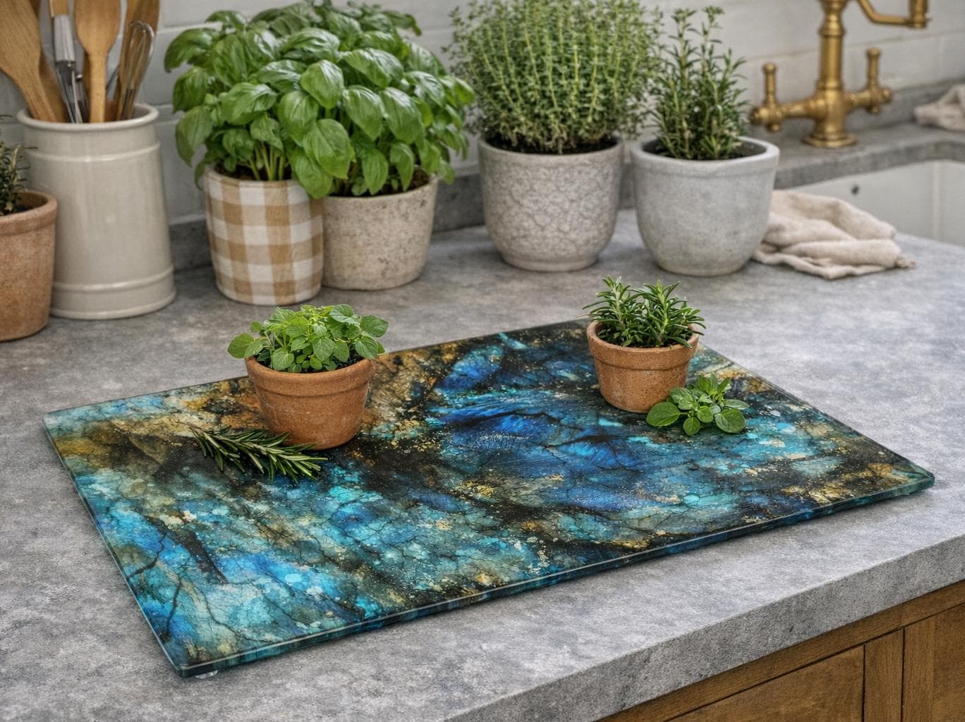 Blue Labradorite Glass Cutting Board • Iridescent Kitchen Decor (Tempered Glass)