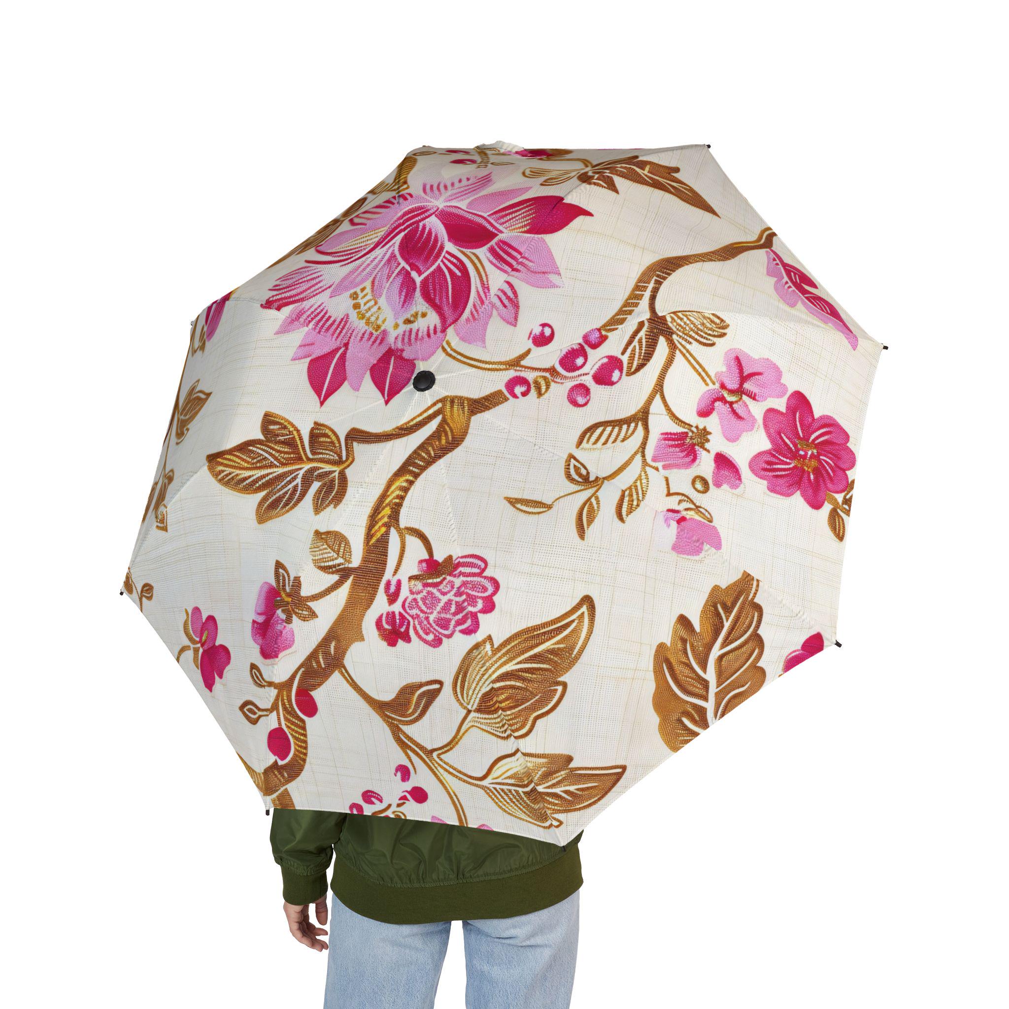 Magenta 48" Floral Chinoiserie Umbrella Large, Windproof Travel Umbrella Vintage Botanical Rain Parasol Lightweight Folding Rain Accessory