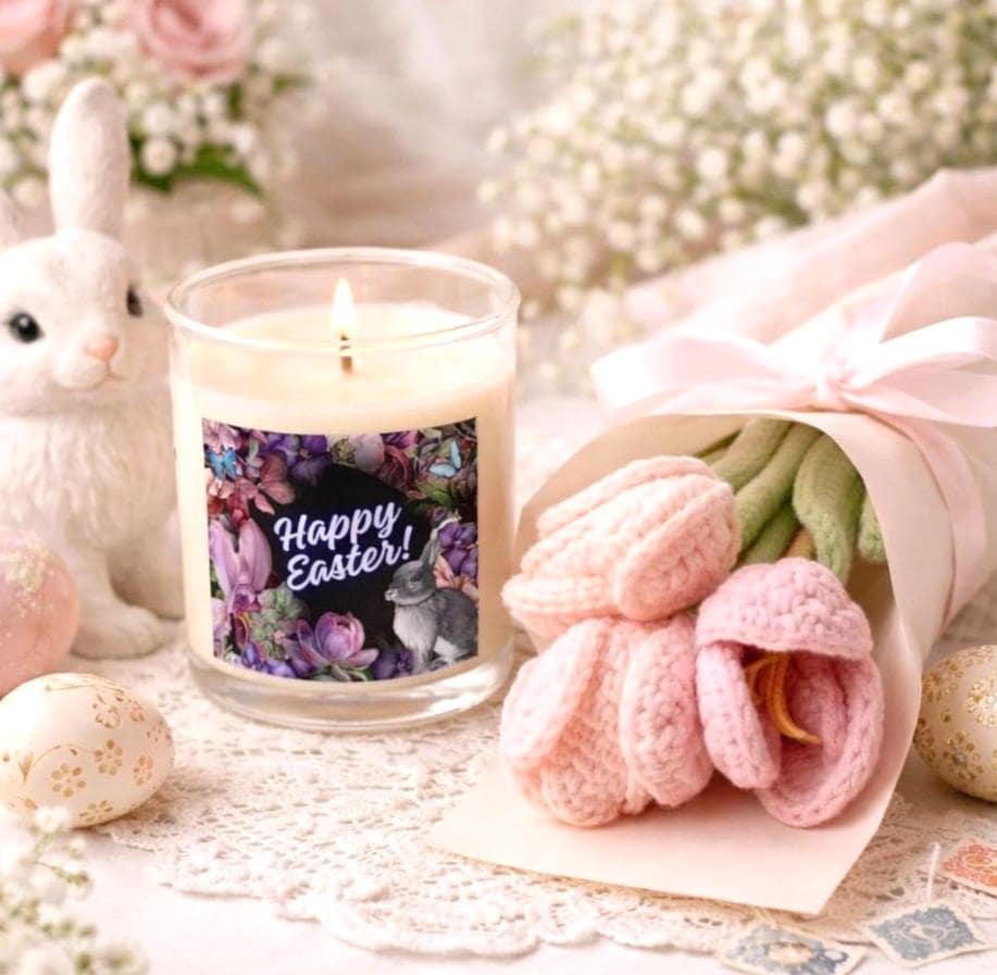 Easter Candle and Crocheted Flower Bouquet Gift Set | Soy Candle, Spring Décor