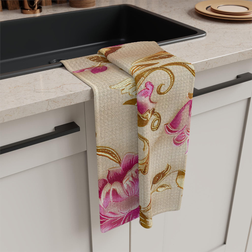 Pink Gold Floral Tea Towel | Microfiber