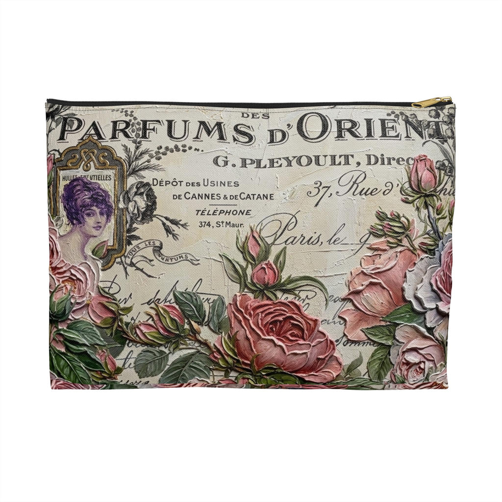 Vintage Roses Perfume Label Accessory Pouch | Floral Cosmetic Bag