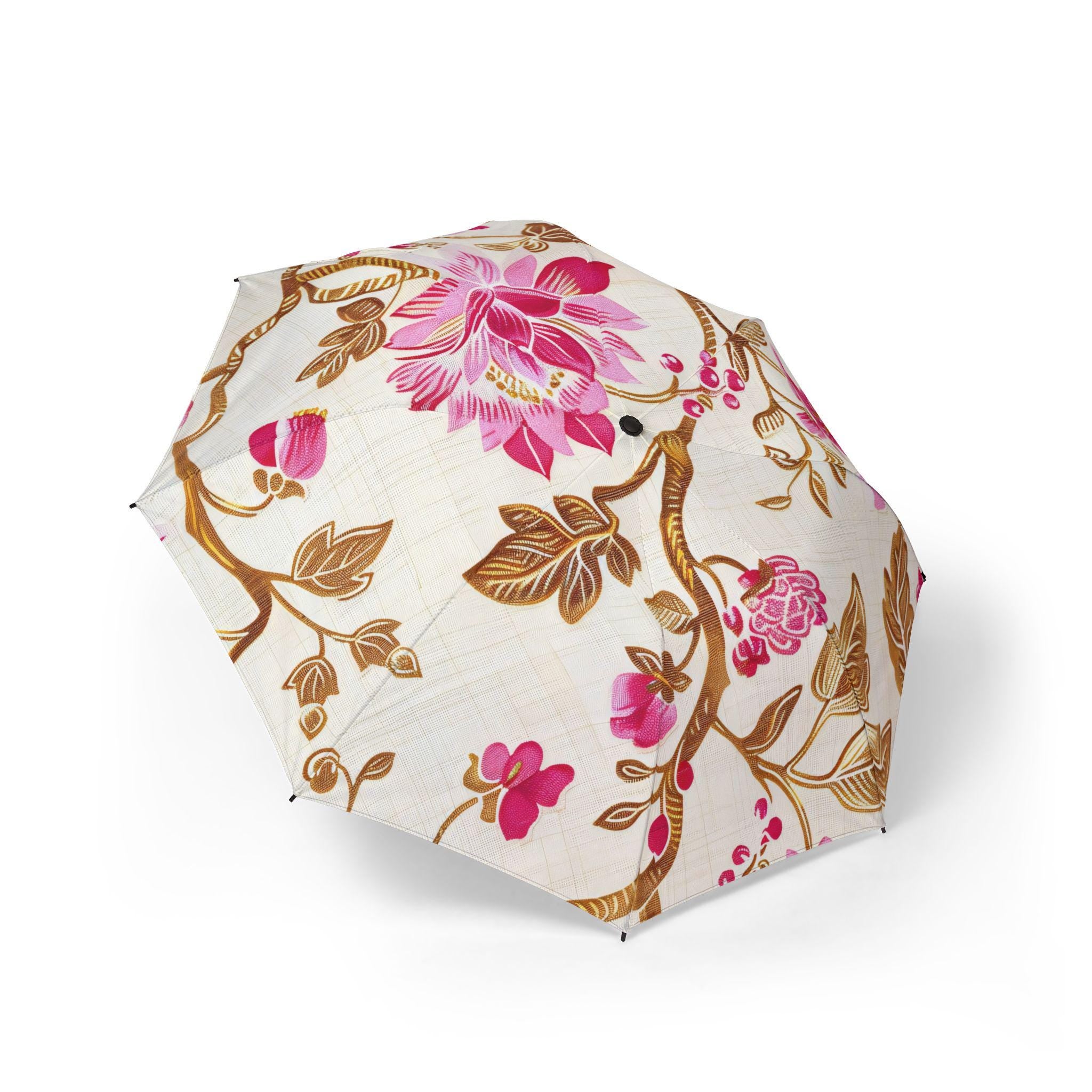 Magenta 48" Floral Chinoiserie Umbrella Large, Windproof Travel Umbrella Vintage Botanical Rain Parasol Lightweight Folding Rain Accessory