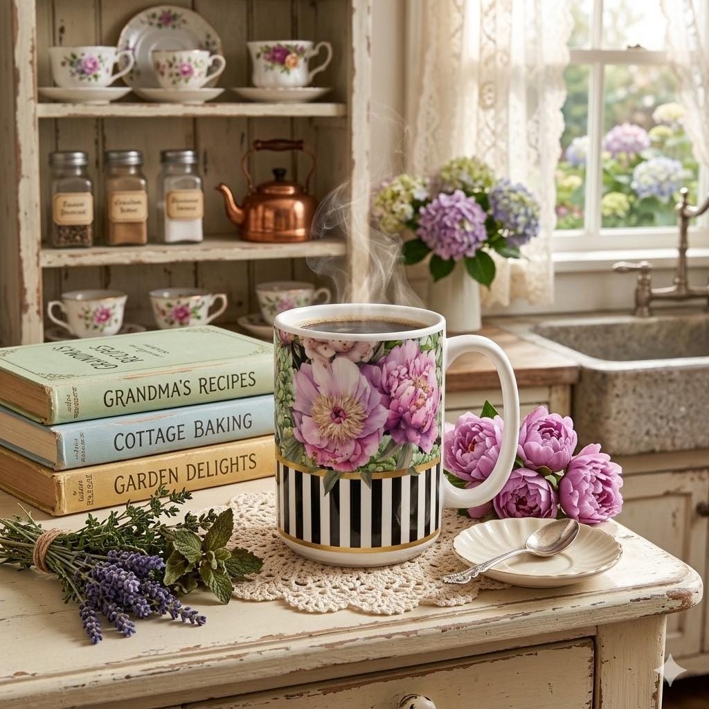 Pink Peonies with Hydrangea 15 oz Mug | Black White Stripe Accent | Victorian Botanical CUP