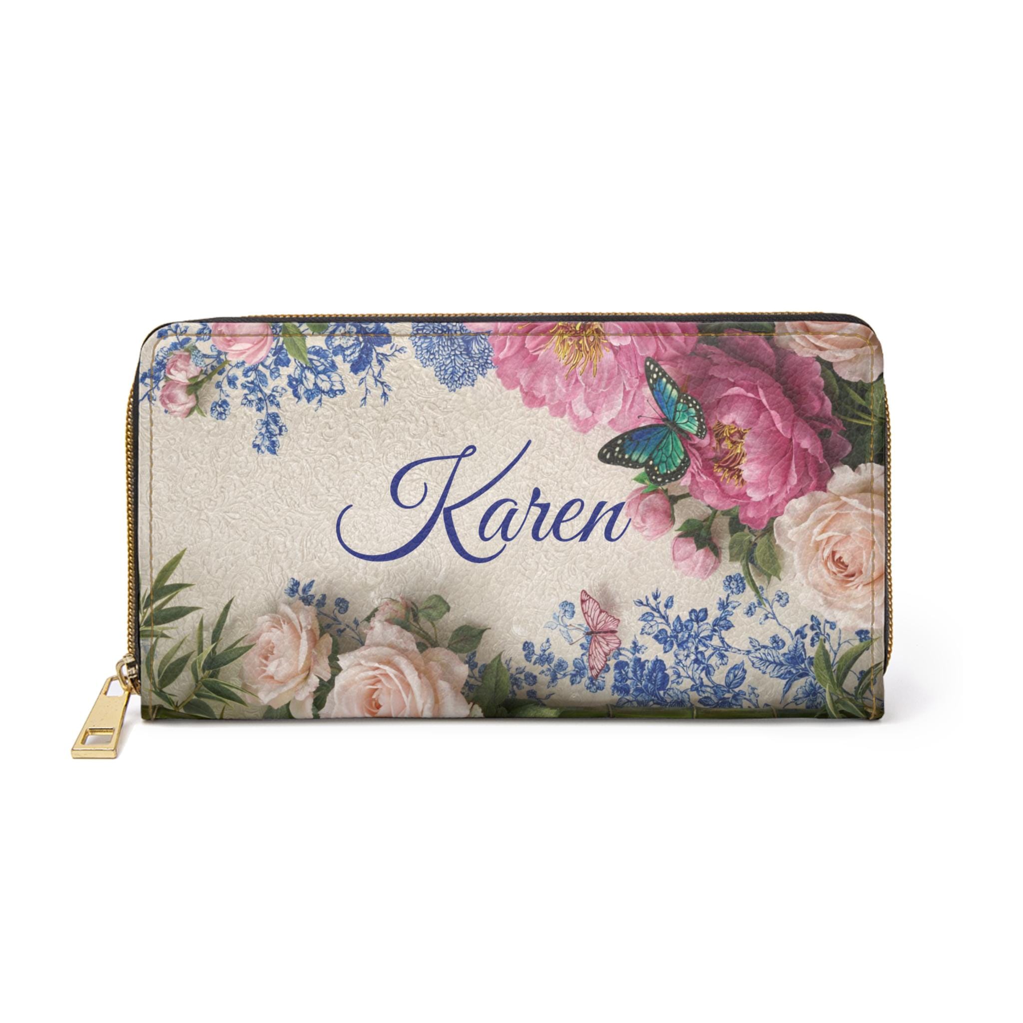Pink Rose Toile Bouquet Zipper Wallet | Floral Butterflies, Vintage Garden
