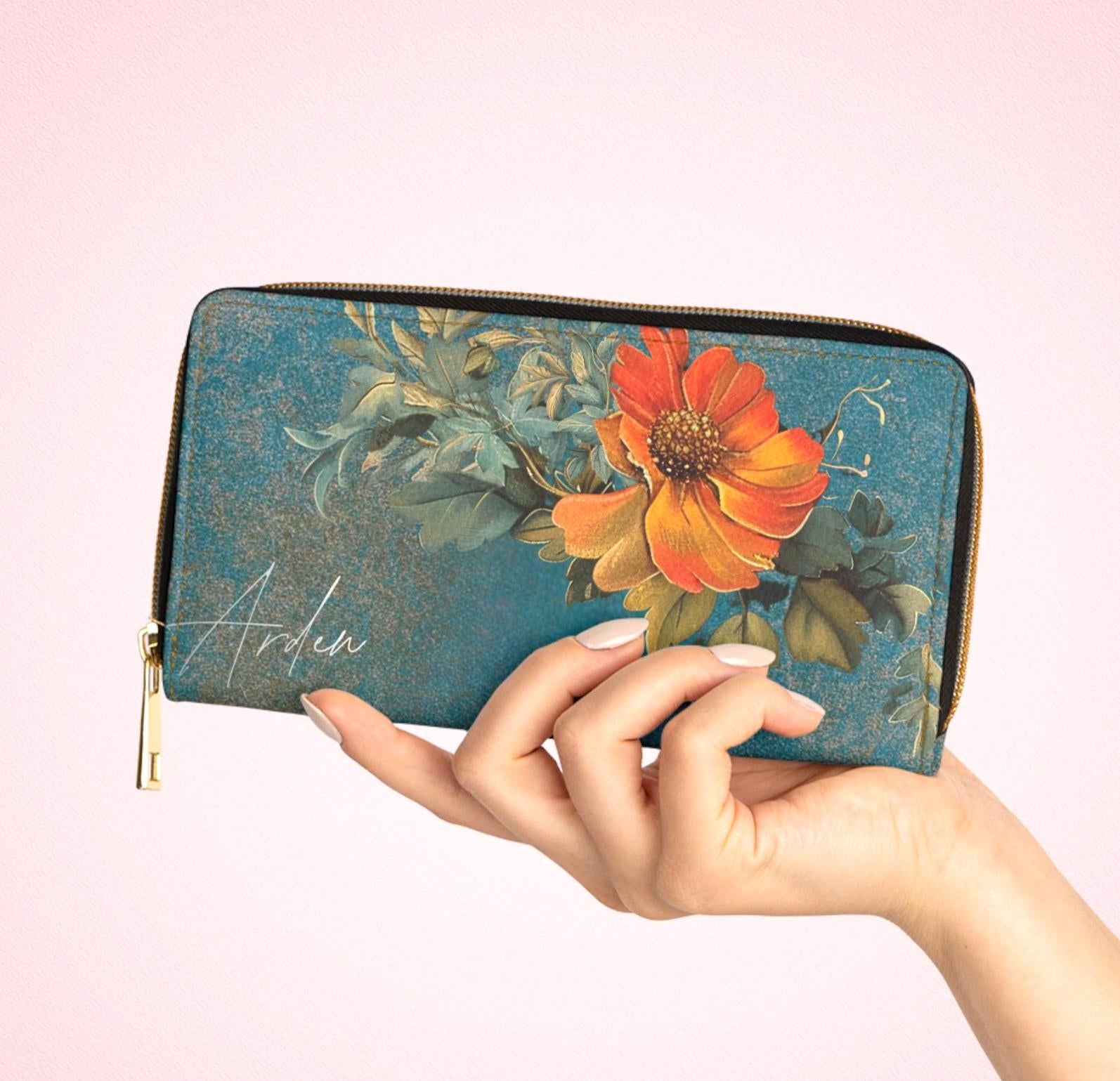 Orange Floral Wallet • Botanical Pattern Zipper Clutch • PCS Garden Accessory
