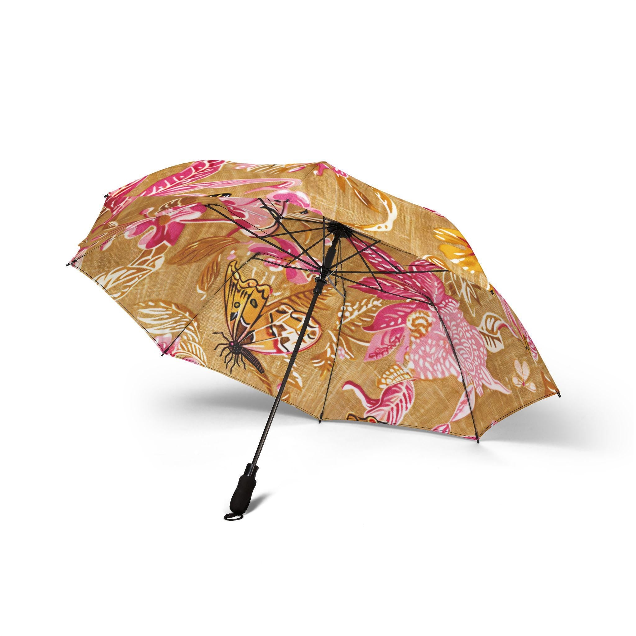 48" Floral Tan Umbrella Large, Windproof Travel Umbrella Vintage Botanical Rain Parasol Lightweight Folding Rain Accessory