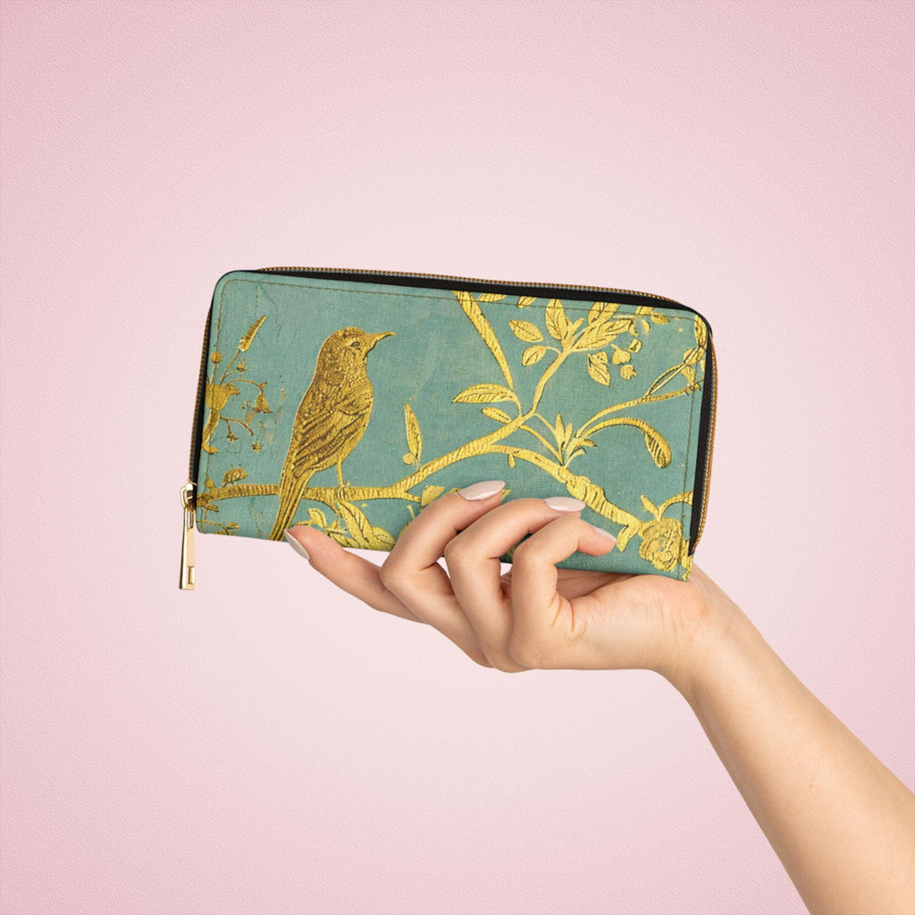 Gold Bird Branch print Zipper Wallet | Teal Botanical Pattern