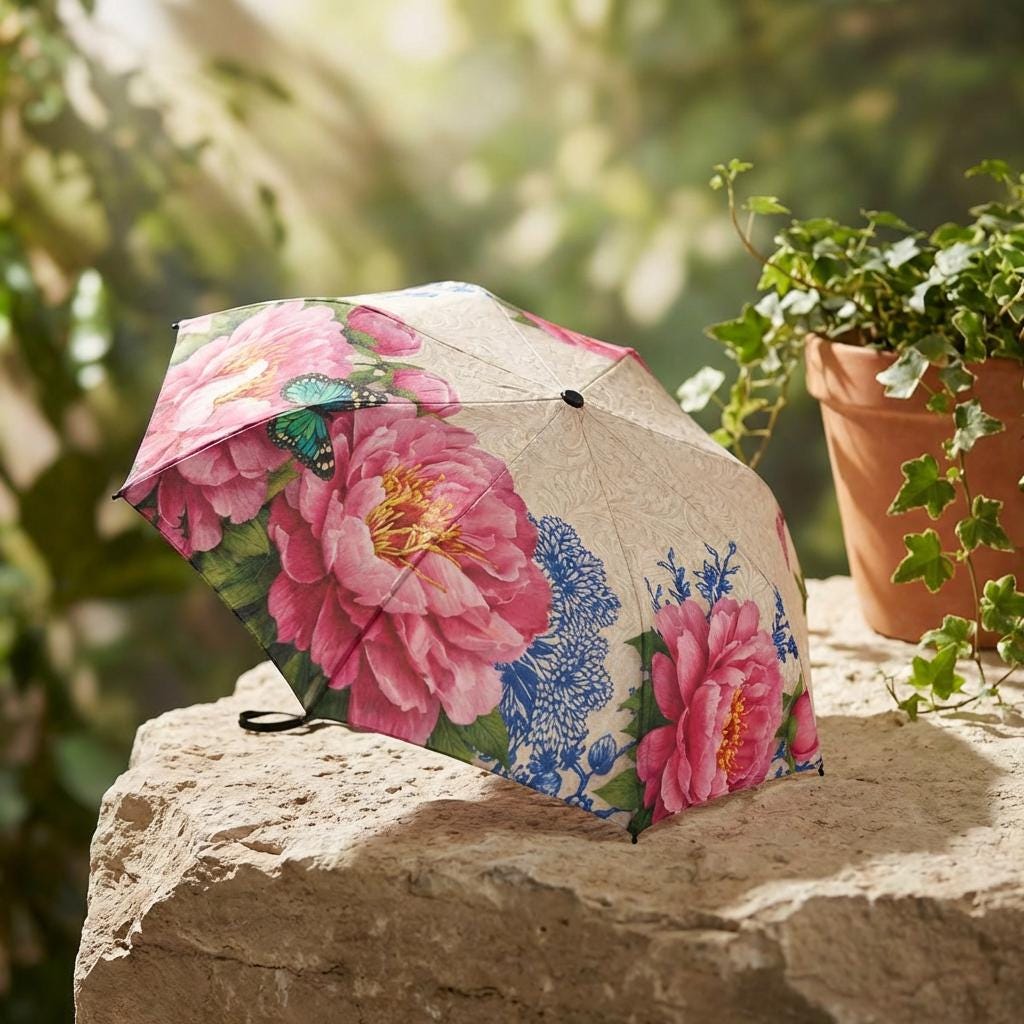 Floral Shabby Chic Umbrella | Cottagecore Garden Umbrella | Compact Travel Parasol | Feminine Gift for Her | Pretty Rain Accessory