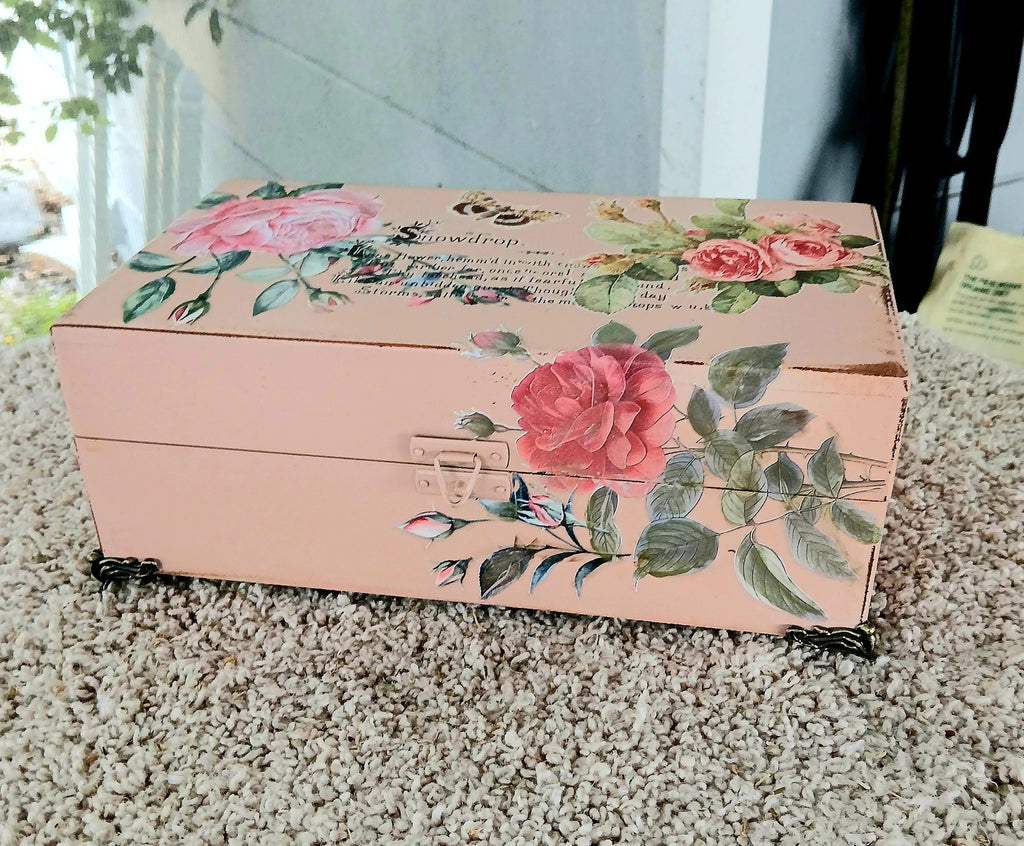 Refurbished Velvet Lined Tea Caddy, Pink Floral Wood Box
