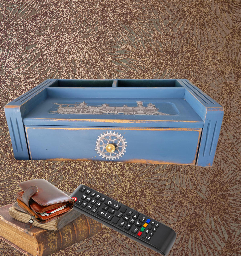 Rustic Blue Dresser Valet, Distressed Wood Jewelry Box with Train
