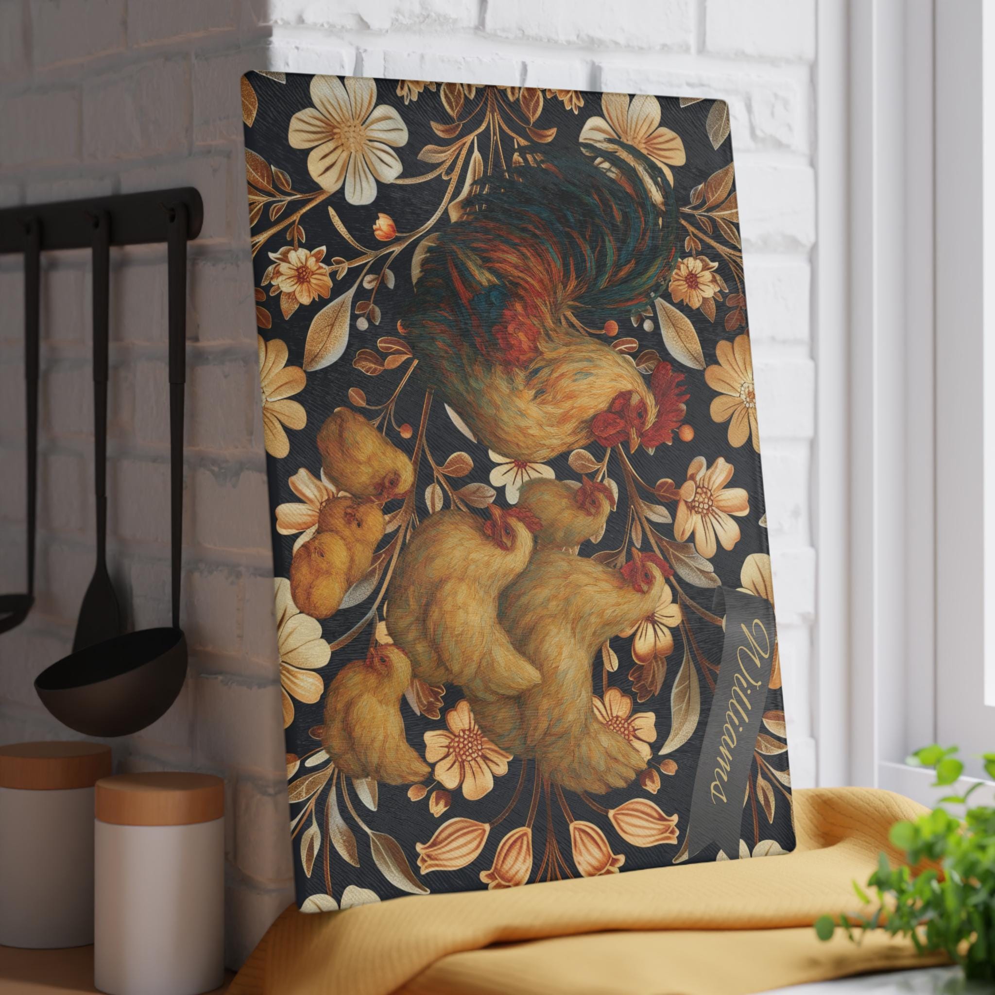 French Rooster Glass Cutting Board: Farmhouse Kitchen Decor