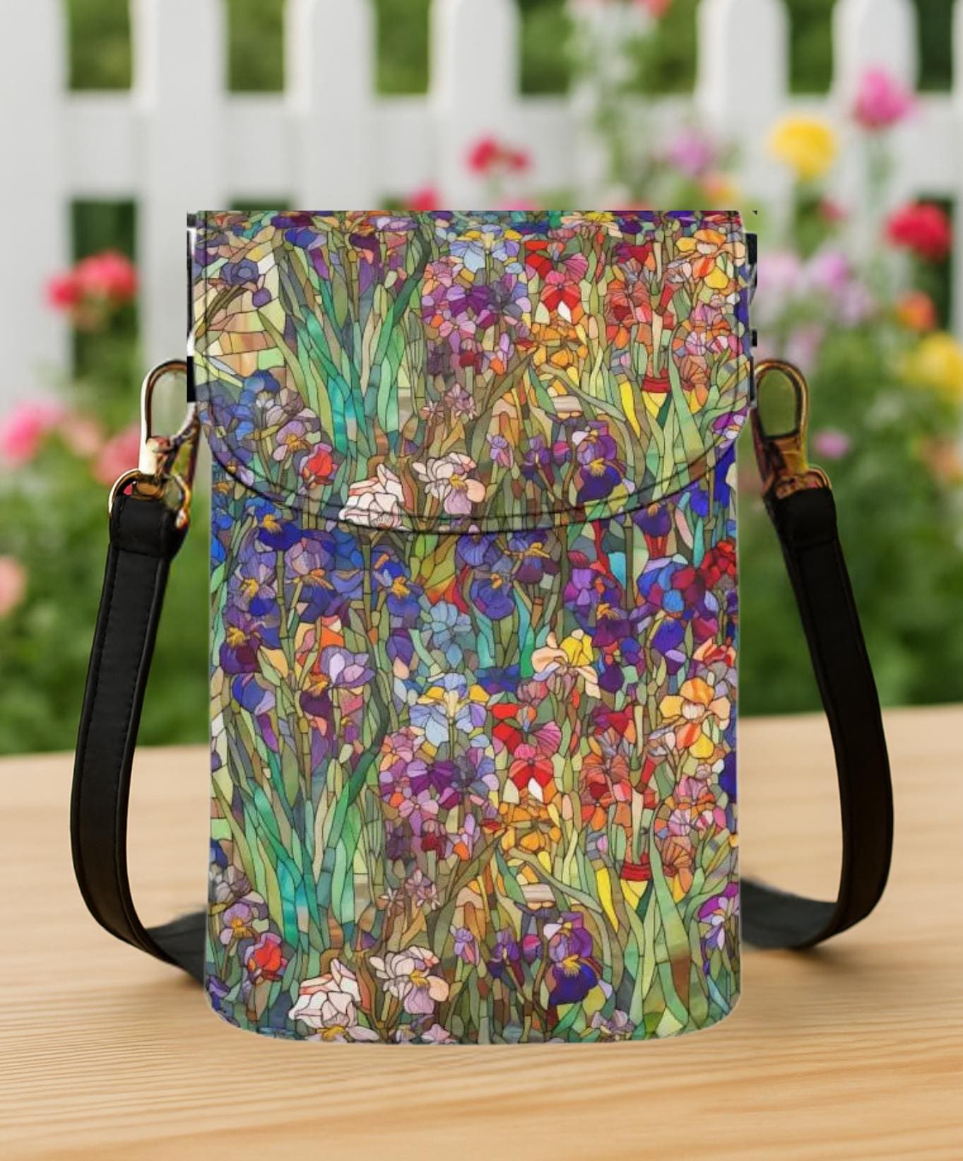 Monet Iris Small Cell Phone Purse, Artful Impressionist Floral Phone Crossbody Bag