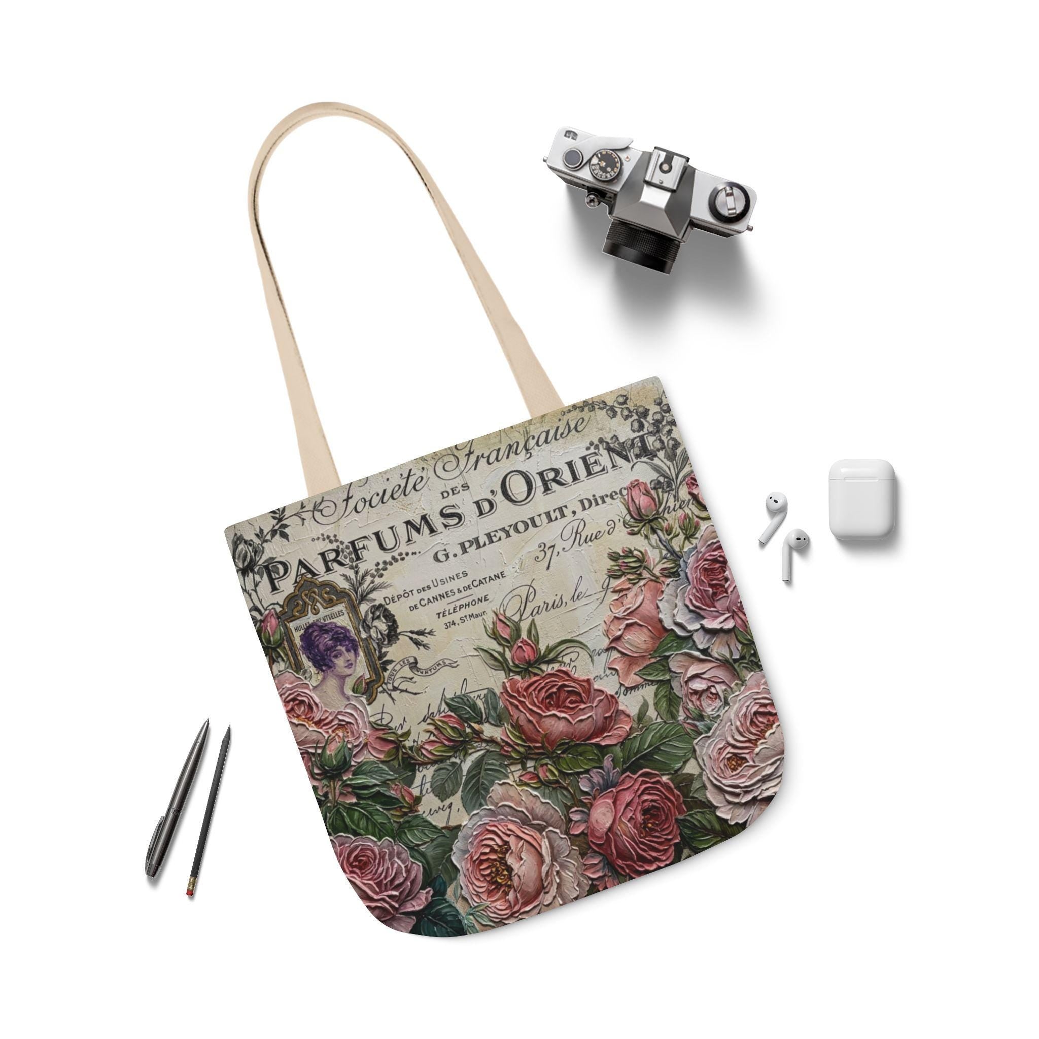 Vintage Floral Perfume Label Tote Bag, Polyester Canvas Shopper