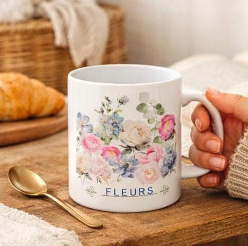 French Ceramic Mug French coffee Cup Elegant Flower Design Coffee Cup for Tea Lovers, Great Gift for Birthdays, Weddings, and Anniversaries