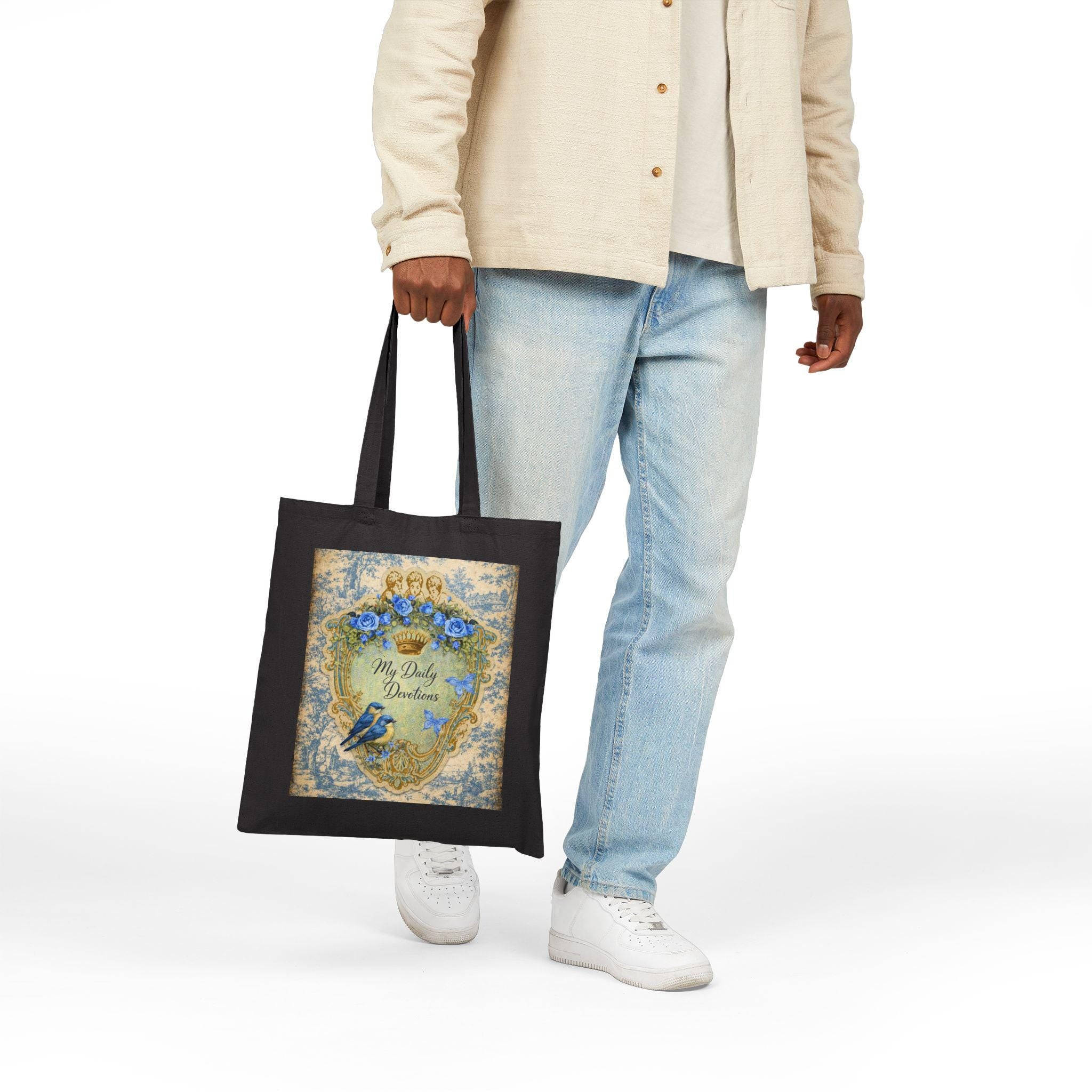 Vintage Blue Roses Heart Shield tote bag | Cotton Canvas Tote