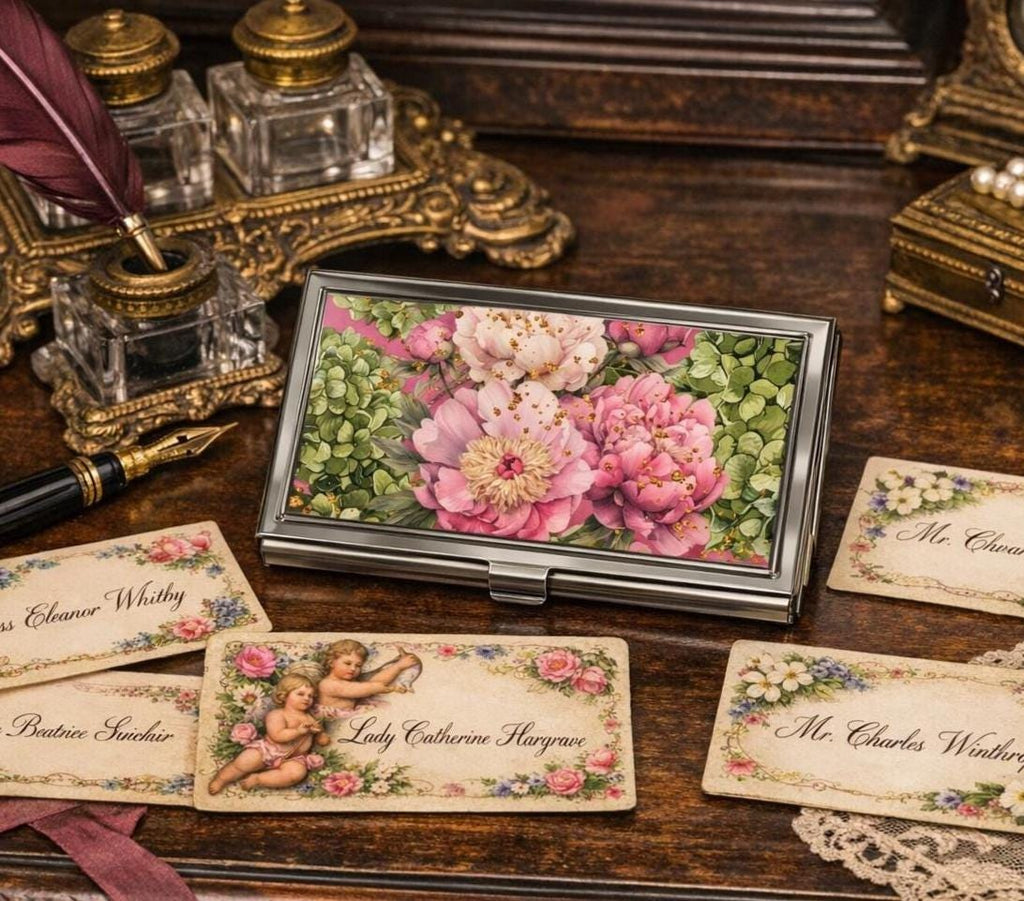 Hydrangea Peony Floral Business Card Holder | Victorian Calling Card Case