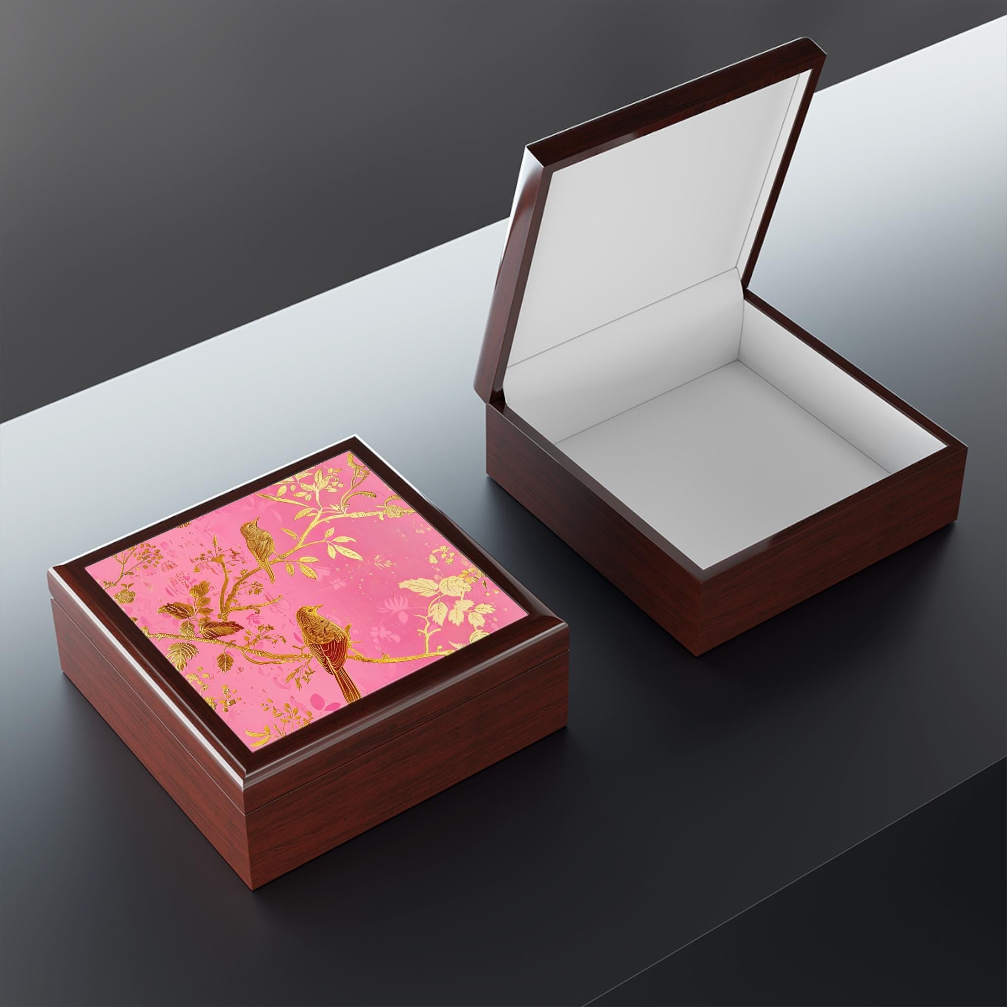 Gold Bird Branch floral jewelry box | pink lacquer keepsake