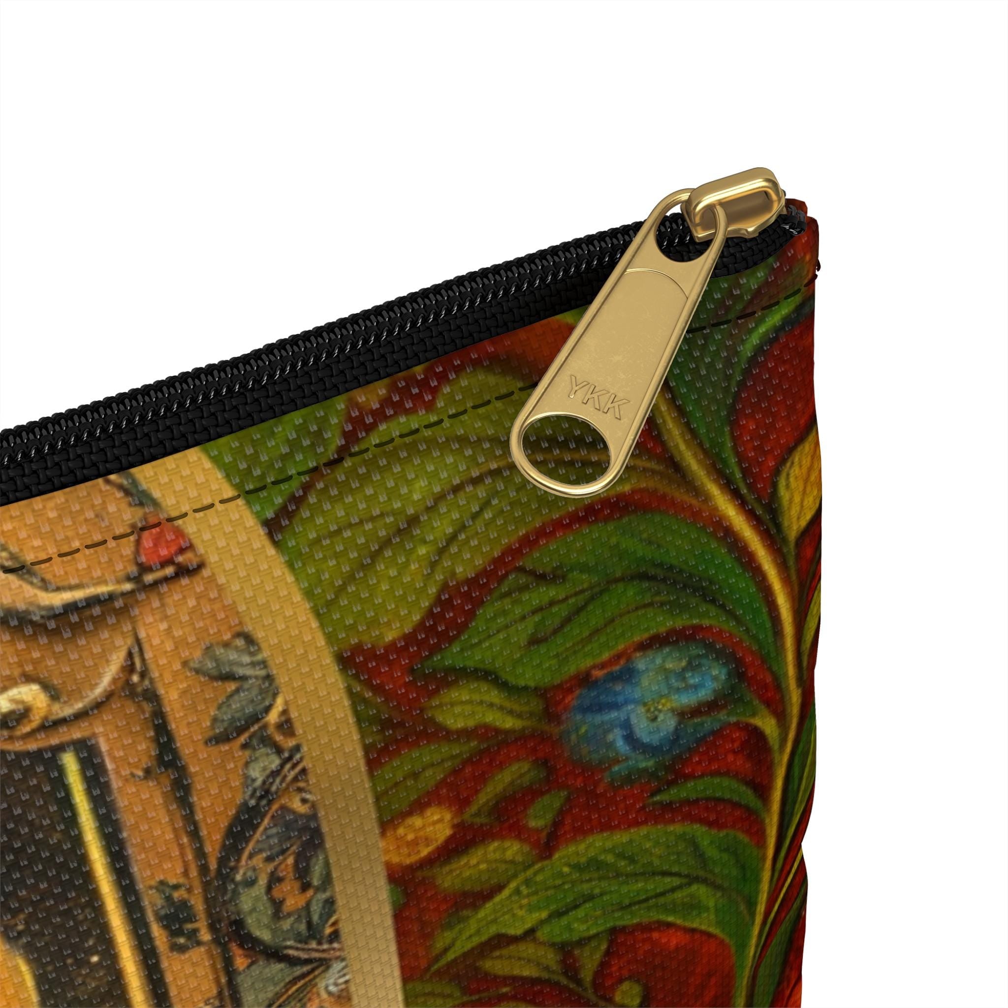 Flaming Sacred Heart Accessory Pouch | Gothic Religious Art, Floral Border