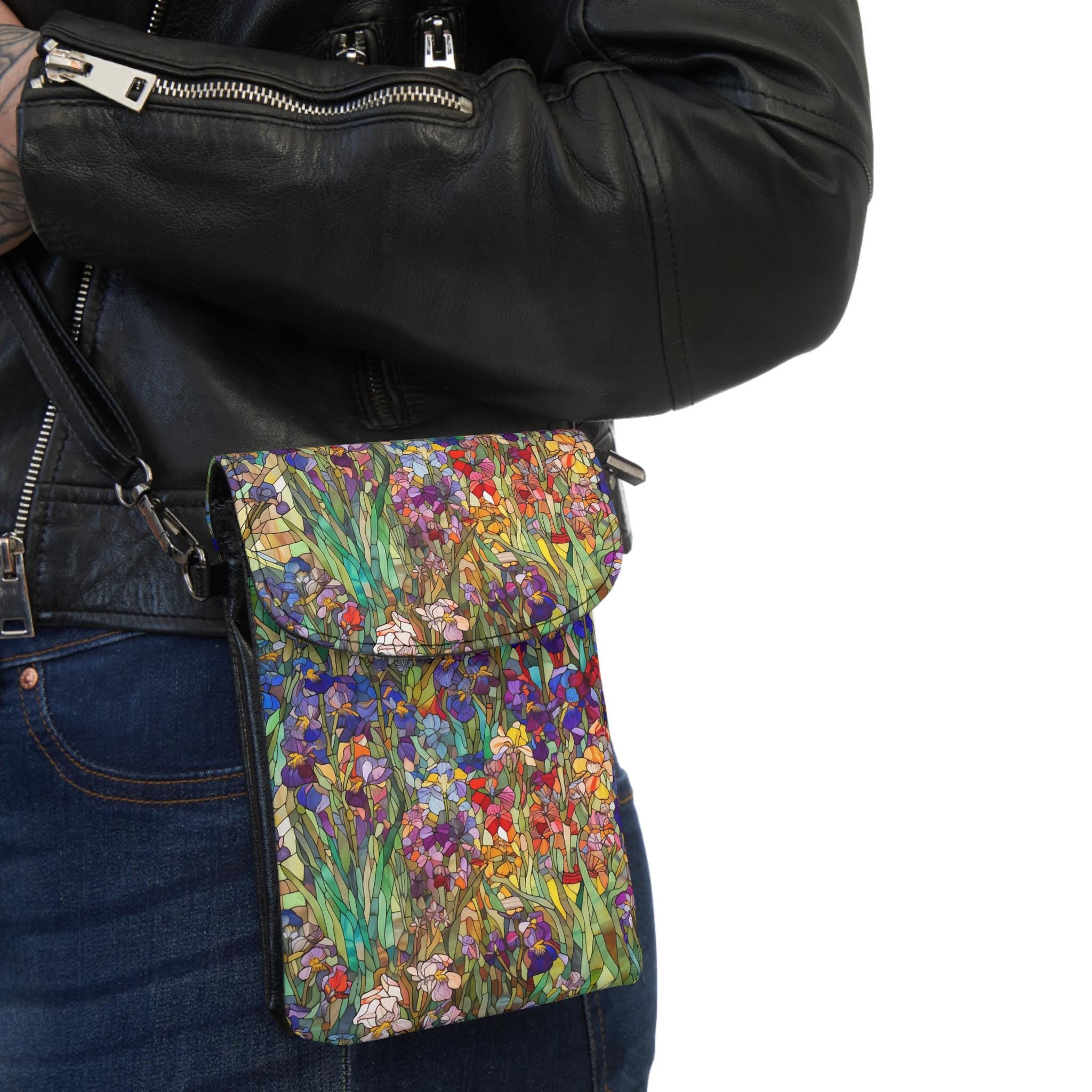 Monet Iris Small Cell Phone Purse, Artful Impressionist Floral Phone Crossbody Bag