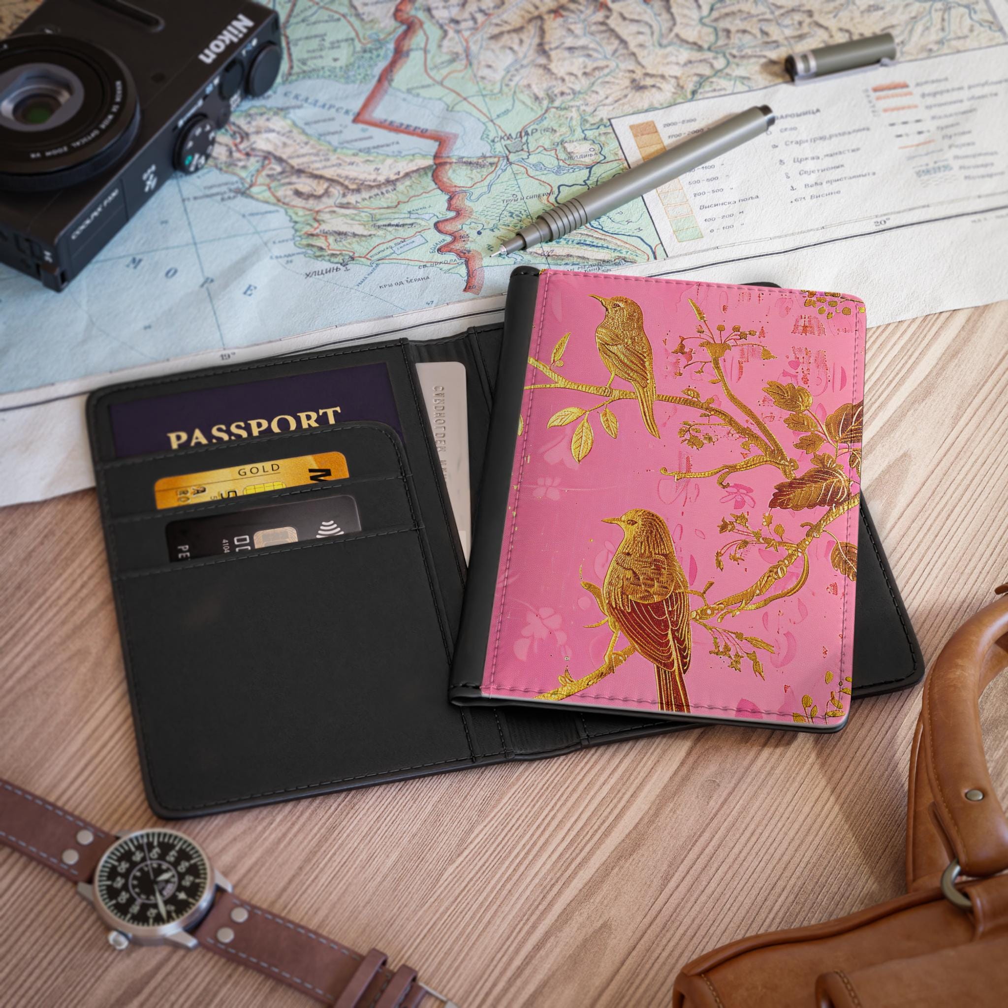 RFID Blocking Travel Wallet | Vintage Birds Celadon Passport Cover | Folding Passport Wallet for Secure Travel
