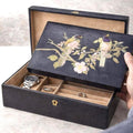 Black Leather Jewelry Box with Bird Motif – Snakeskin Embossed Dresser Box, Elegant Men’s Gift, Velvet Interior Storage, Ready to Ship