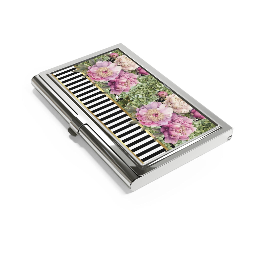 Pink Peonies & Greenery Business Card Holder | Striped Accent