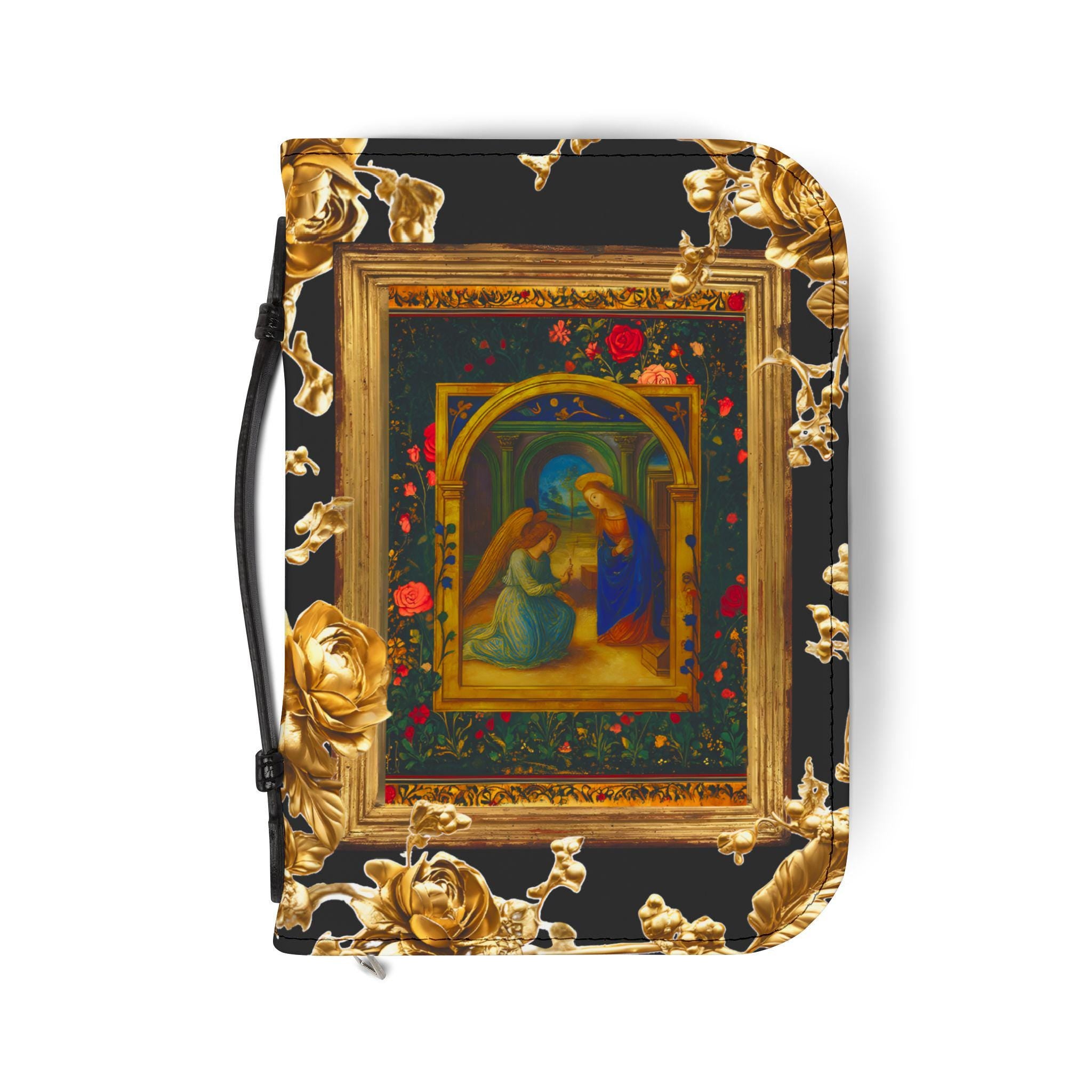 Gold Floral Annunciation Bookcase Bible Cover | Zippered Scripture Protector, Study Aid,