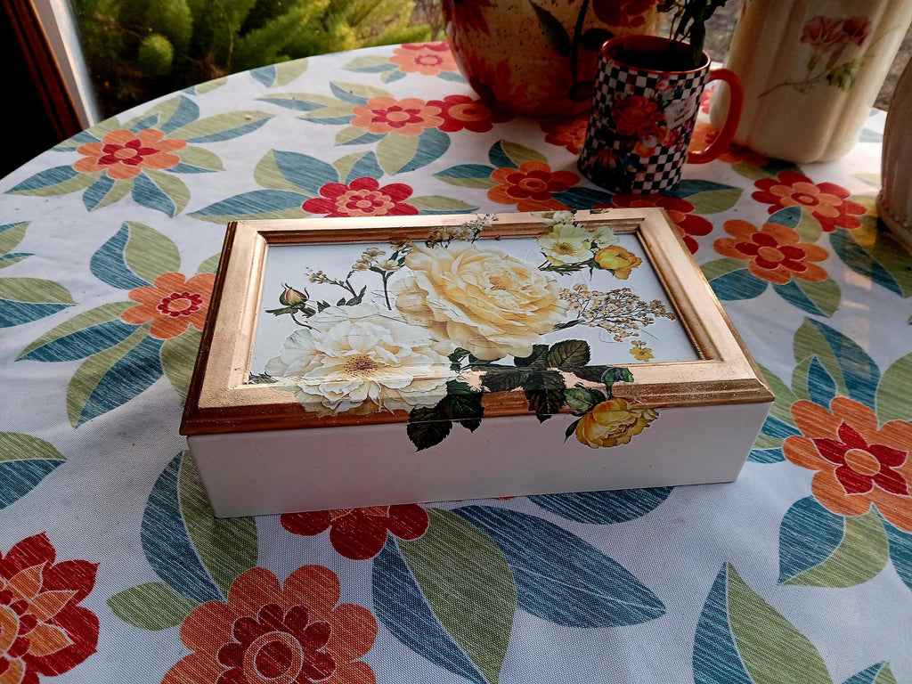 Refurbished Oak Jewelry Box • Cream & Yellow Botanical Keepsake Jewellery Chest