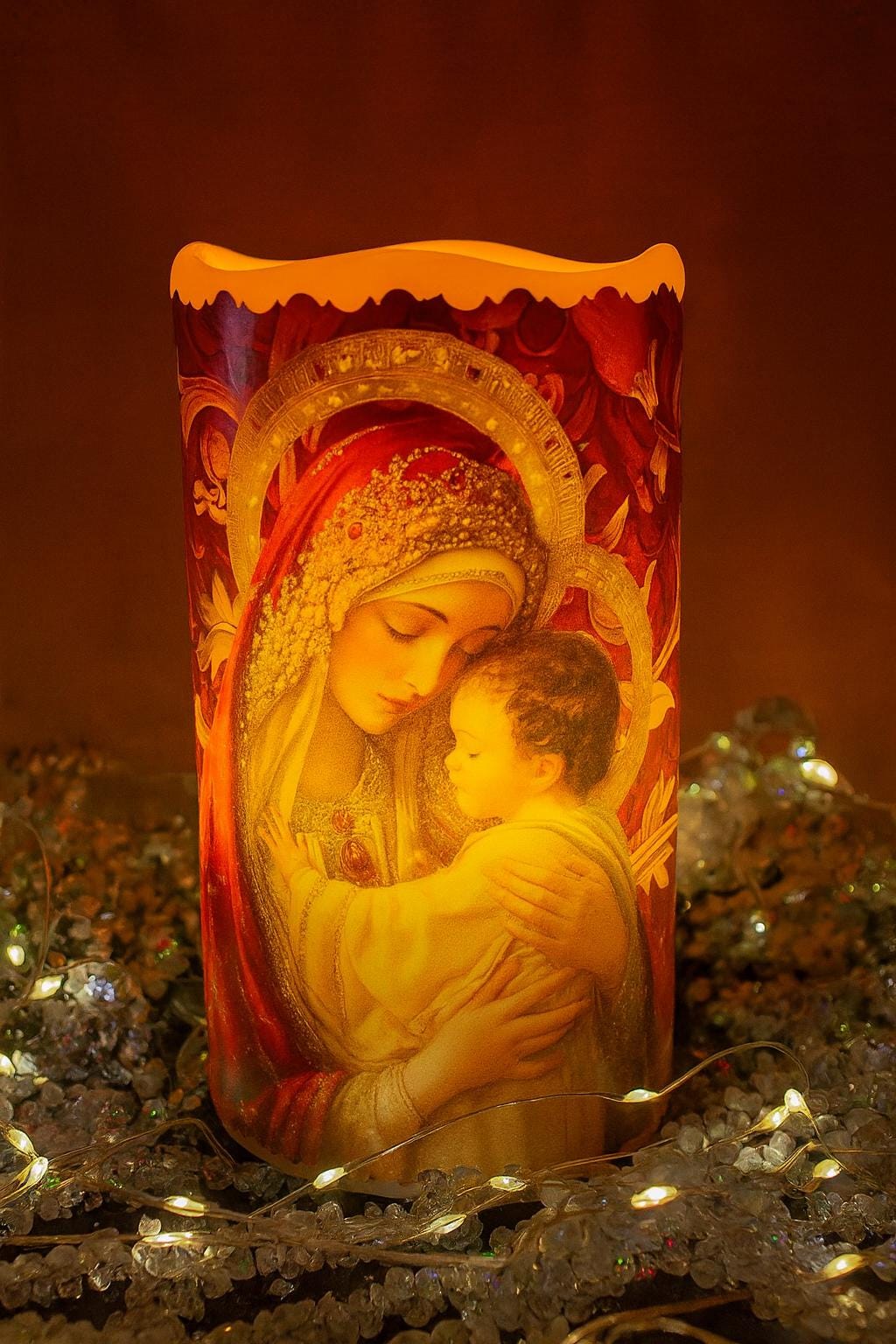 Mary & Jesus LED Wax Candle –Religious Christian Night Light / Christmas Centerpiece PERSONALIZED