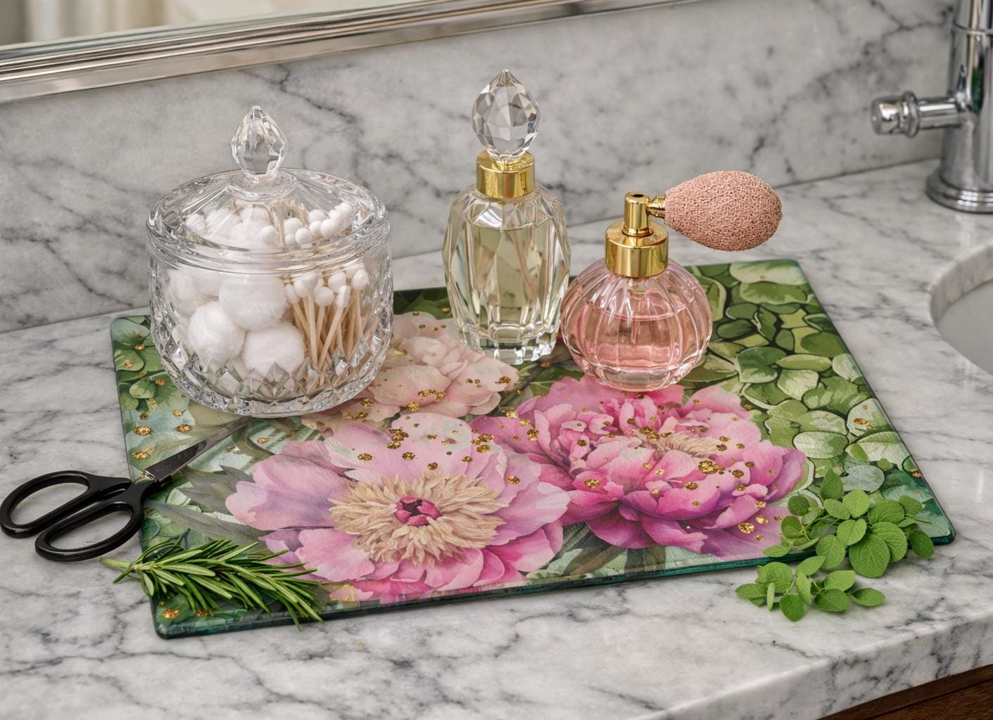 Vintage Floral Glass Cutting Board | Botanical Kitchen Decor | Perfume Vanity Tray